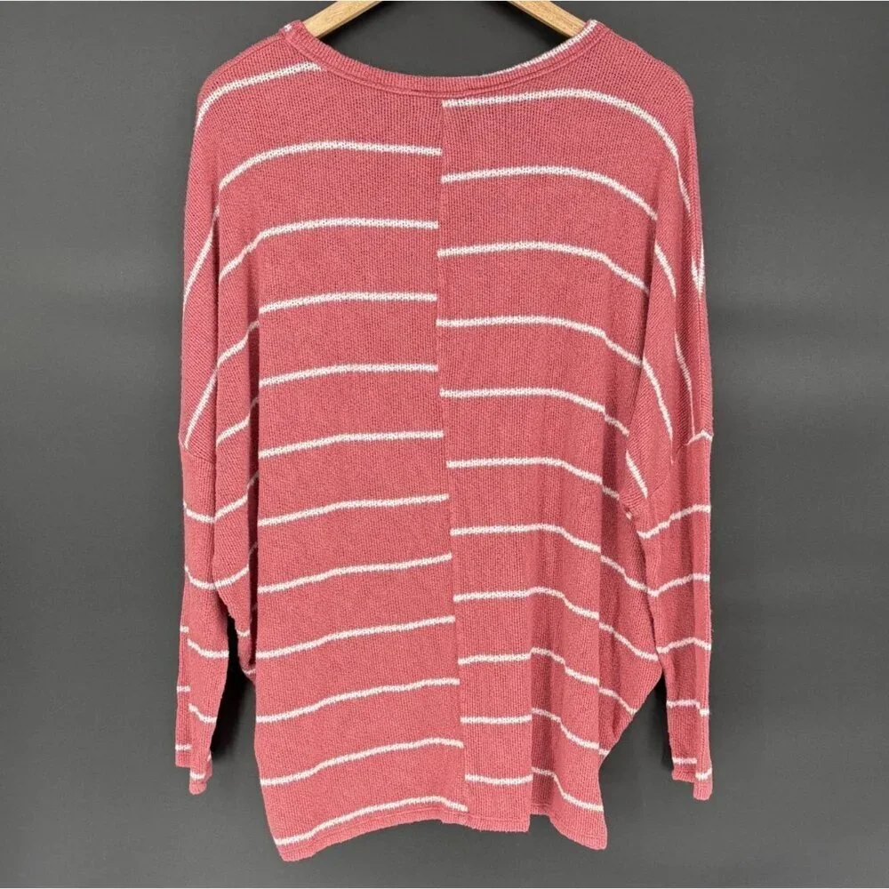 Francesca's Women's Oversized Striped Knit Shirt L Pink & White Boho Casual - Picture 2 of 7